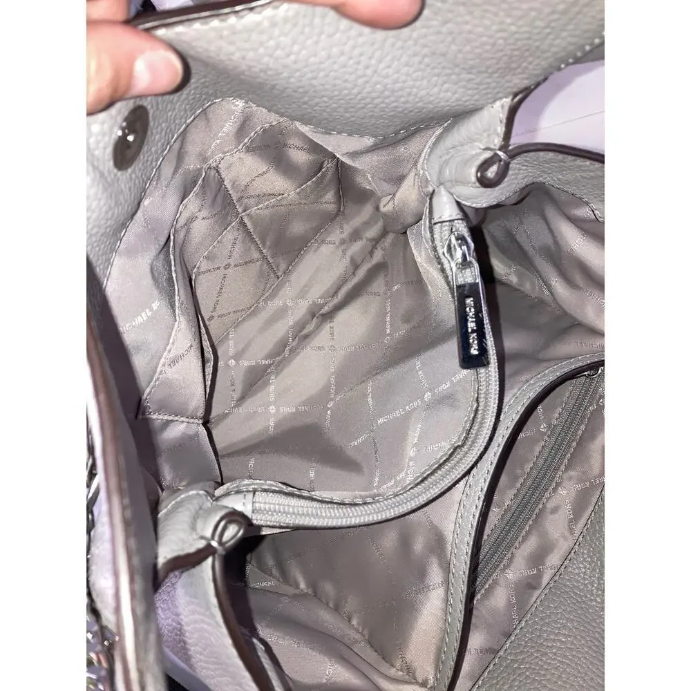 MICHAEL KORS LARGE GRAY PEBBLED LEATHER STUDED SHOULDER BAG